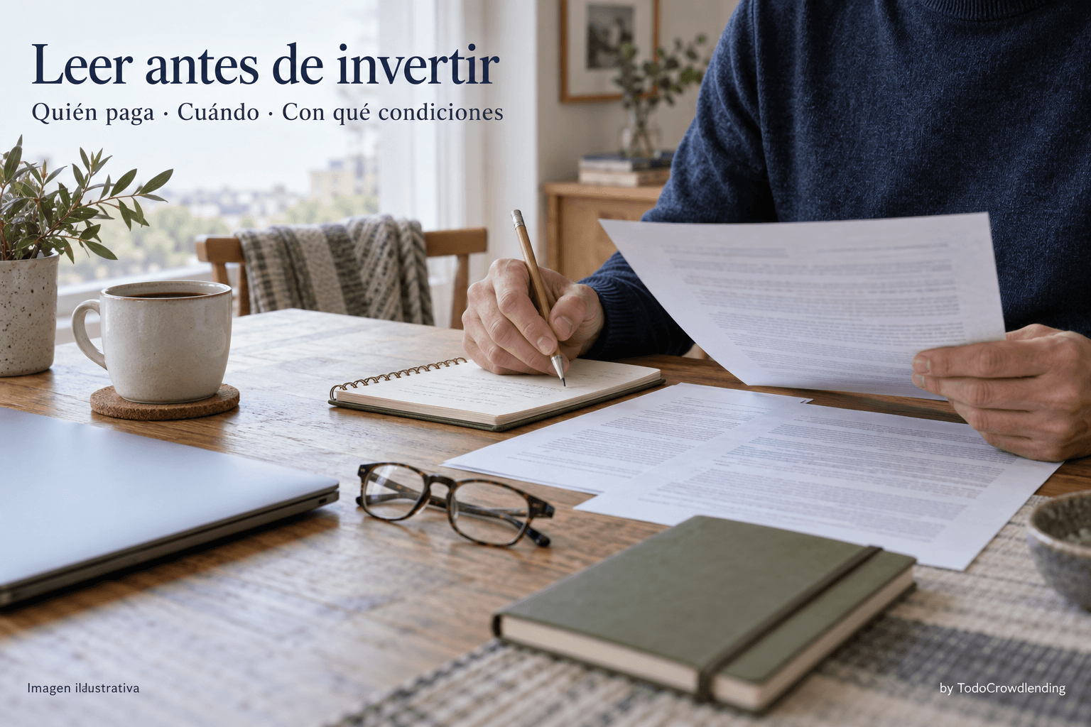 Escena ilustrativa de un inversor particular leyendo documentos y tomando notas en casa.