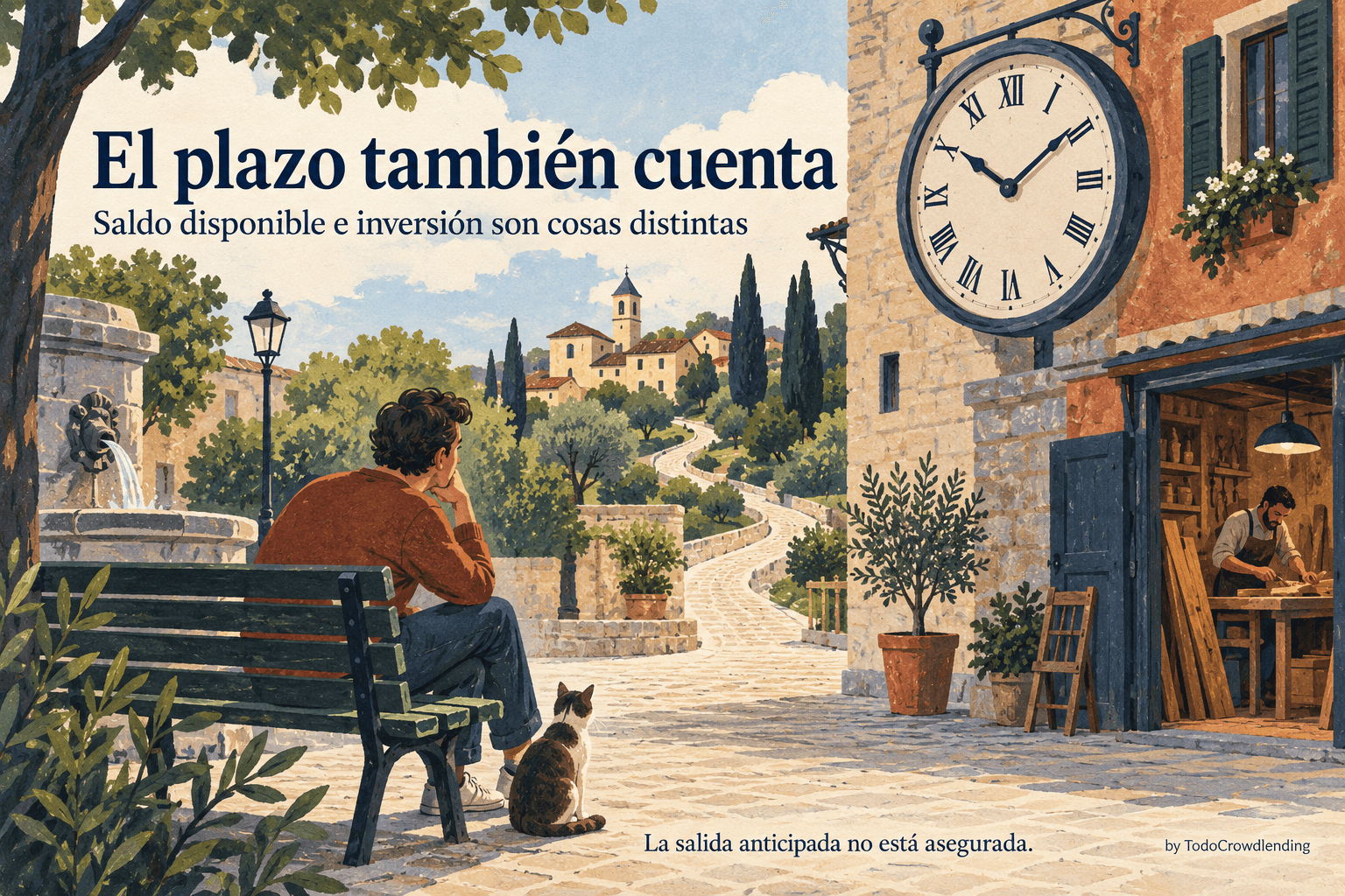 Ilustración con un reloj y una persona esperando: el saldo disponible y el dinero invertido tienen distinta liquidez.