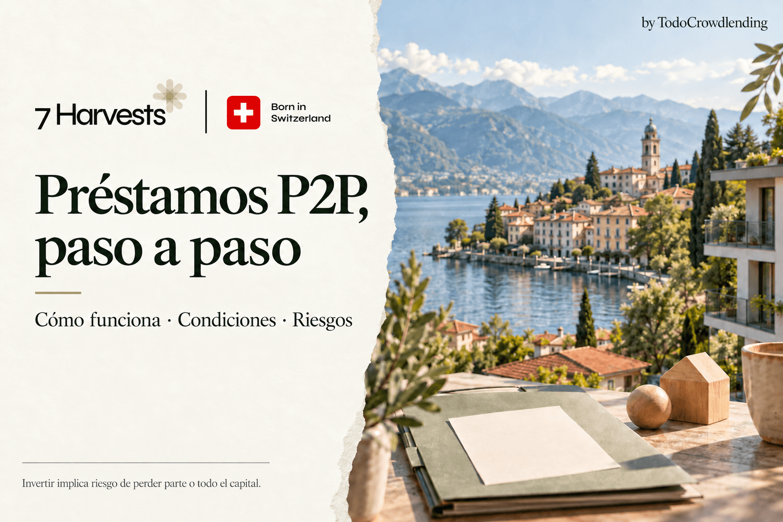 7Harvests: préstamos P2P, paso a paso, con una composición ilustrativa de una ciudad junto a un lago.