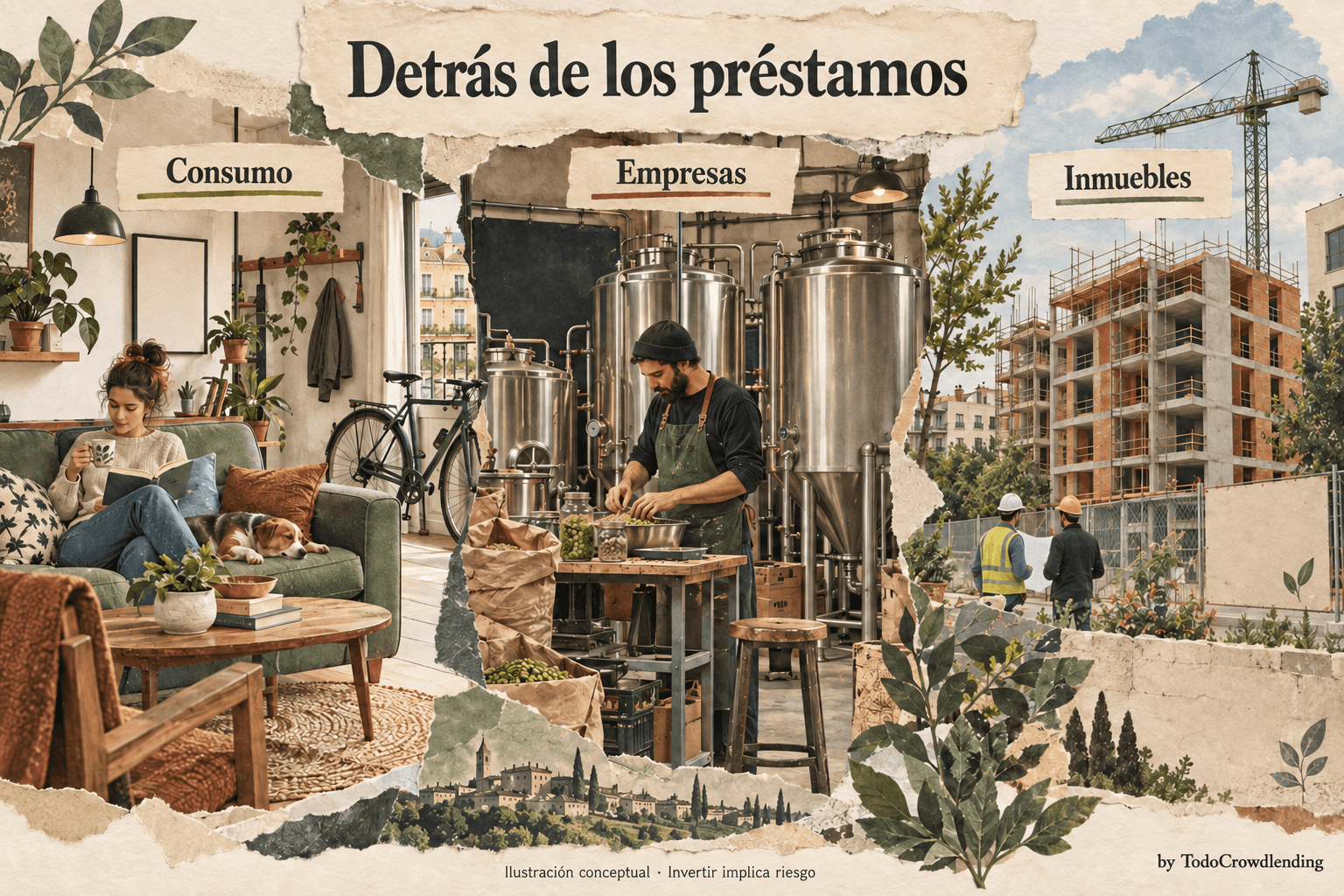 Collage ilustrativo de consumo, pequeñas empresas e inmuebles, las tres familias de préstamos que presenta 7Harvests.