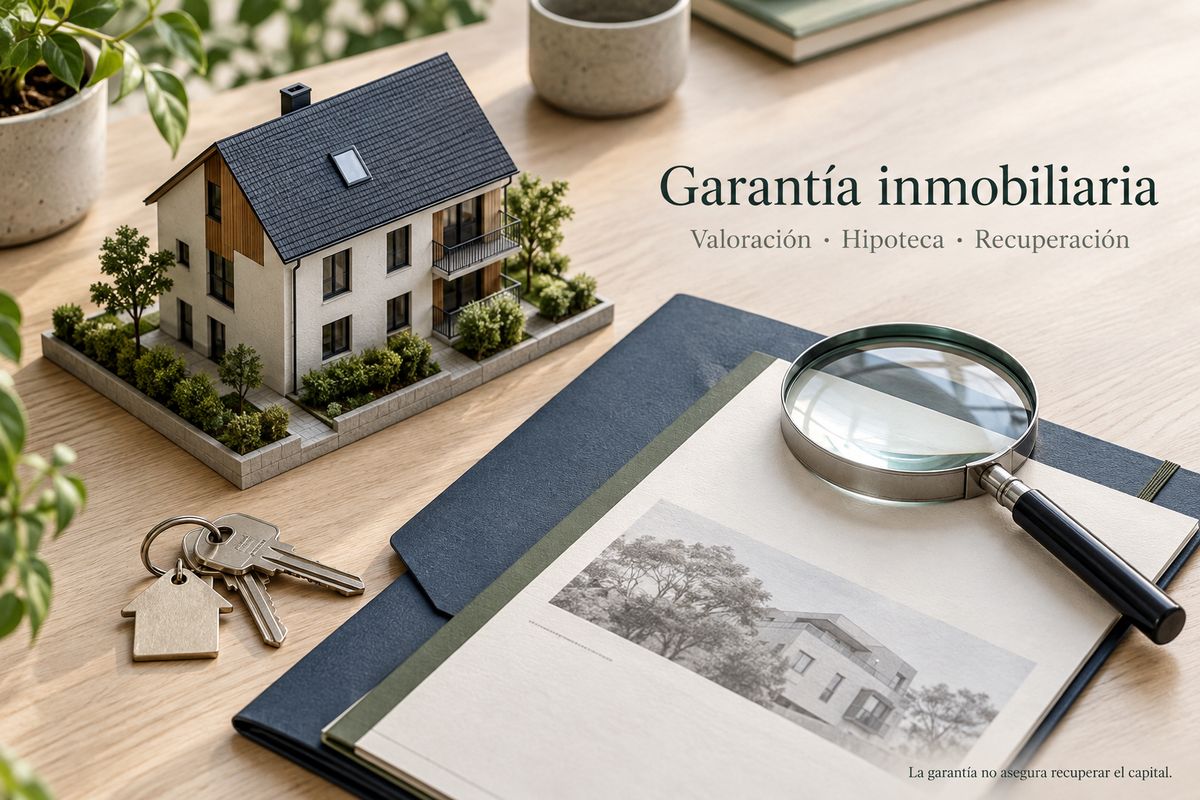 Ilustración de un inmueble, una valoración y unas llaves para explicar la garantía hipotecaria