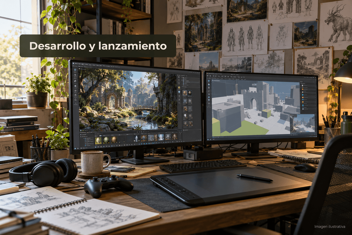 Puesto de trabajo ilustrativo de desarrollo de un videojuego independiente