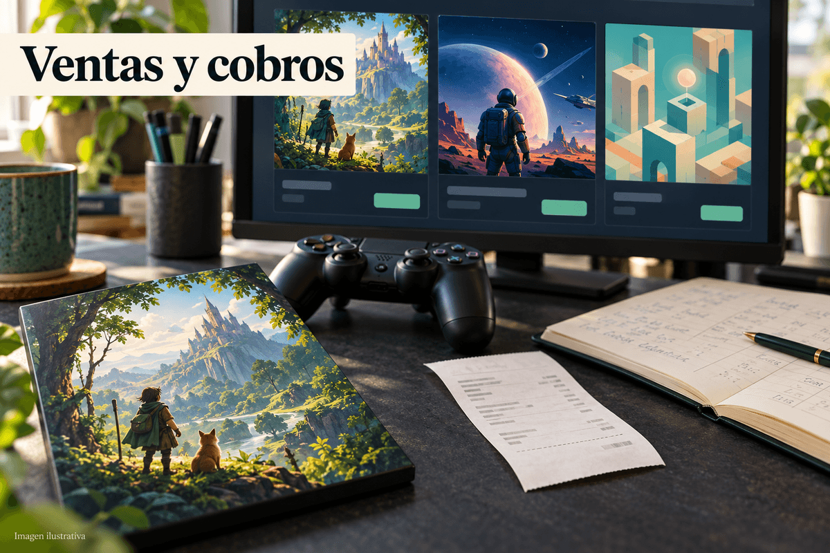 Escena ilustrativa de un videojuego a la venta y documentos de liquidación